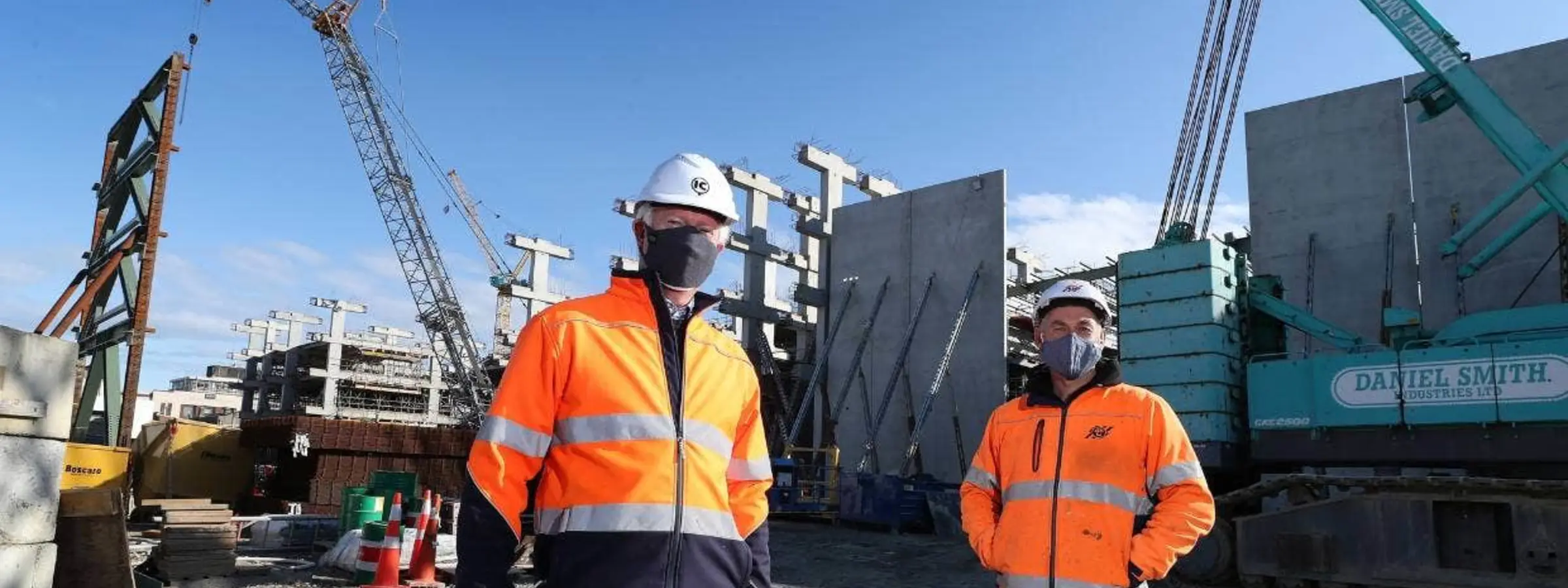 Invercargill Central Ltd's project director Geoff Cotton, left, and Amalgamated Builders Ltd's zone two site manager Jansen Rogers at the CBD block development on Wednesday. Work resumed on the site on Wednesday on the first day of Southland being at Covid-19 Alert Level 3.